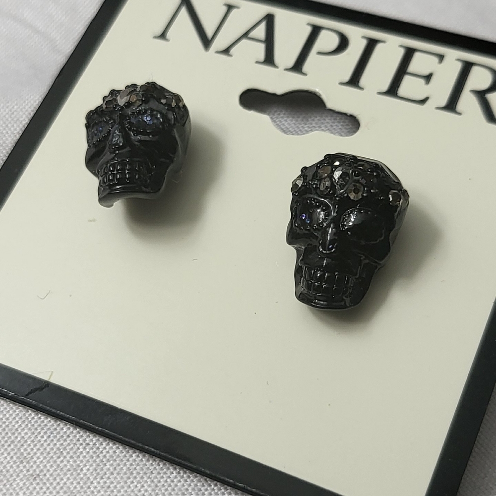 New napier black trick skull button earrings